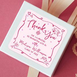 Pink Red Hand Drawn Doodles Graduation Thank You Vierkante Sticker