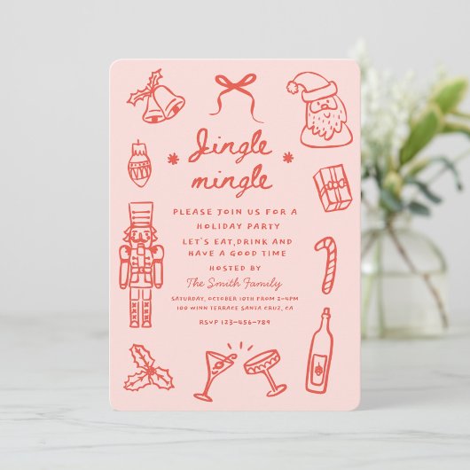 Pink Red Hand Drawn Funky Christmas Party Kaart