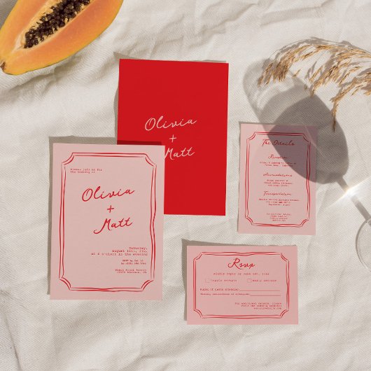 Pink + Red Hand Written Wedding RSVP Card