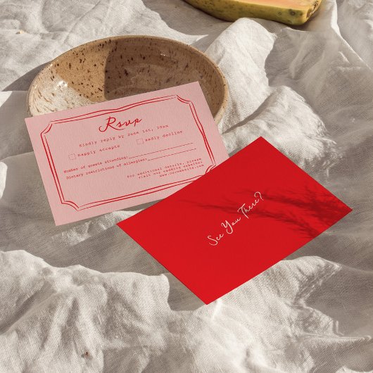 Pink + Red Hand Written Wedding RSVP Card Kaartje