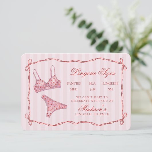 Pink & Red Heart Lingerie Sizes Shower Bow Informatiekaartje (Staand voorkant)