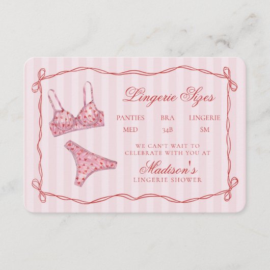 Pink & Red Heart Lingerie Sizes Shower Bow Informatiekaartje (Voorkant)