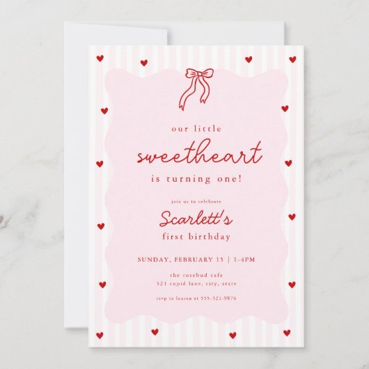 Pink Red Heart Little Sweetheart Birthday Invite Kaart (Voorkant)