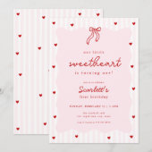 Pink Red Heart Little Sweetheart Birthday Invite Kaart (Voorkant / Achterkant)