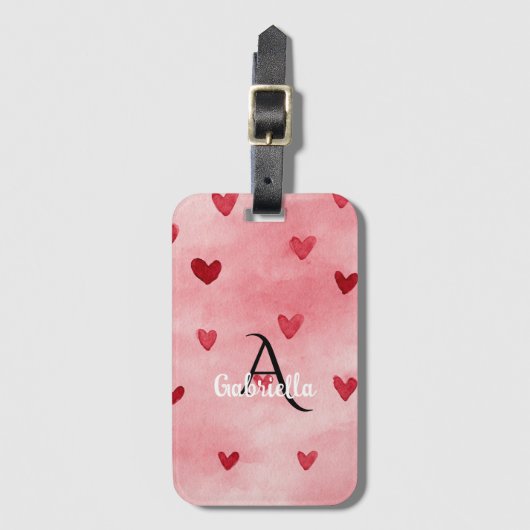 Pink Red Hearts Monogram Name Bagagelabel (Voorkant (verticaal))