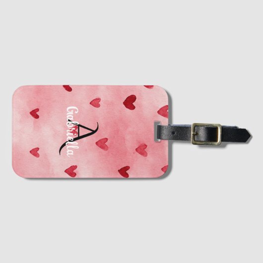 Pink Red Hearts Monogram Name Bagagelabel (Voorkant (horizontaal))