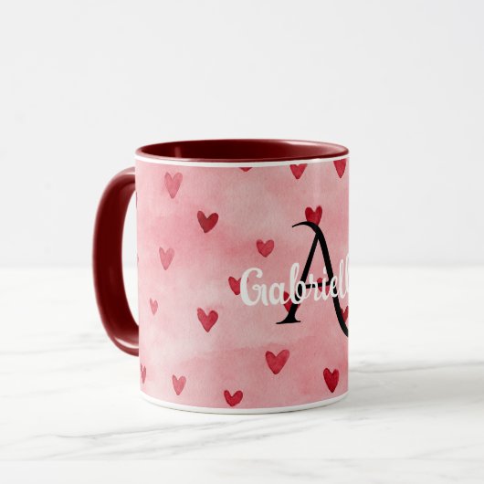 Pink Red Hearts Monogram Name Mok (Voorkant links)