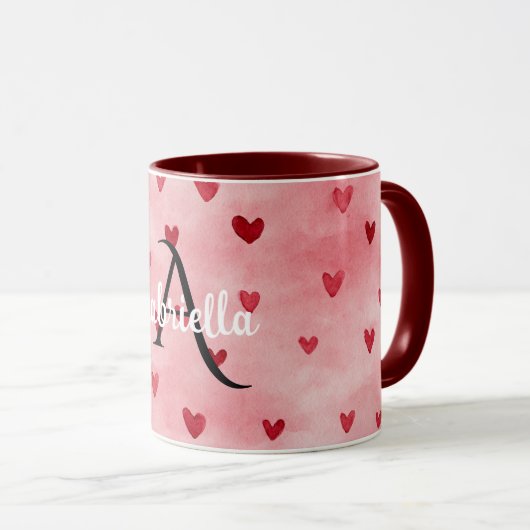 Pink Red Hearts Monogram Name Mok (Voorkant rechts)