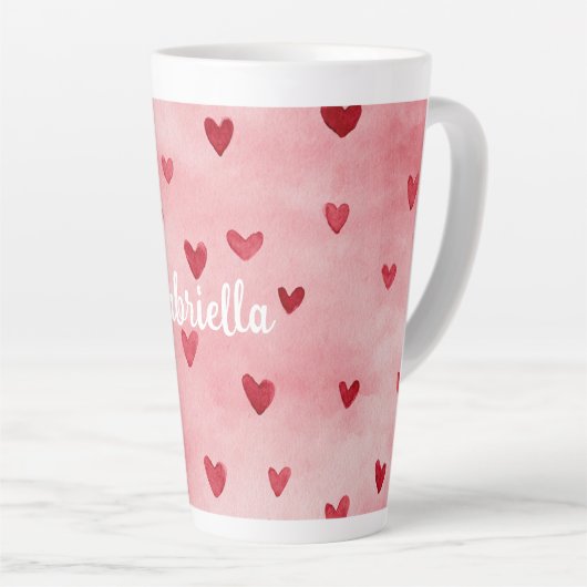 Pink Red Hearts Name Latte Mok (Rechterhoek)
