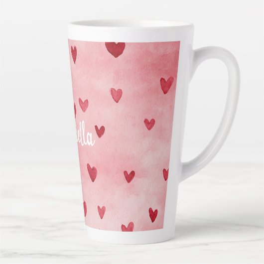Pink Red Hearts Name Latte Mok (Rechts)