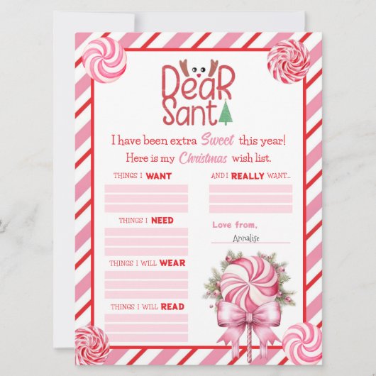 Pink Red Holiday Candy Cane Kerstverlanglijst Kaart (Voorkant)
