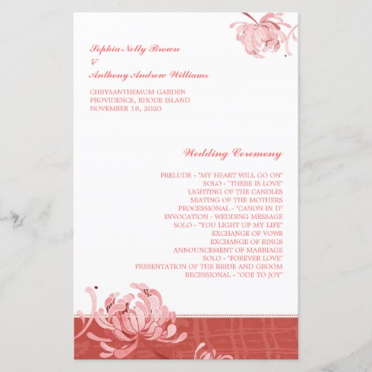 Pink Red Monotone Floral Wedding Programme (Voorkant)