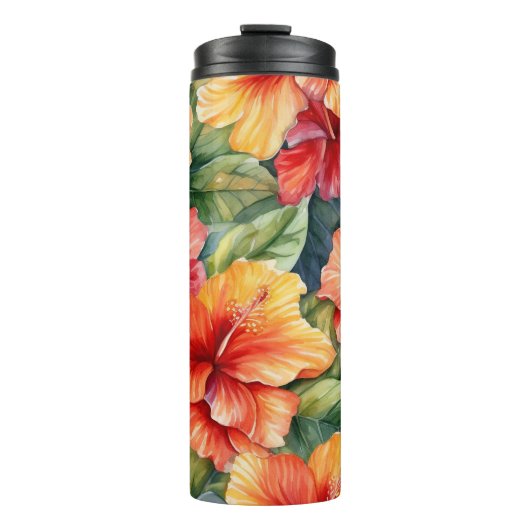 PINK RED ORANJE WATERVERF TROPICAL HIBISCUS THERMOSBEKER (Voorkant)