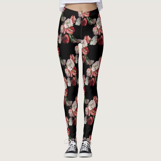 Pink & Red Poppies Pattern Aangepast Leggings (Voorkant)