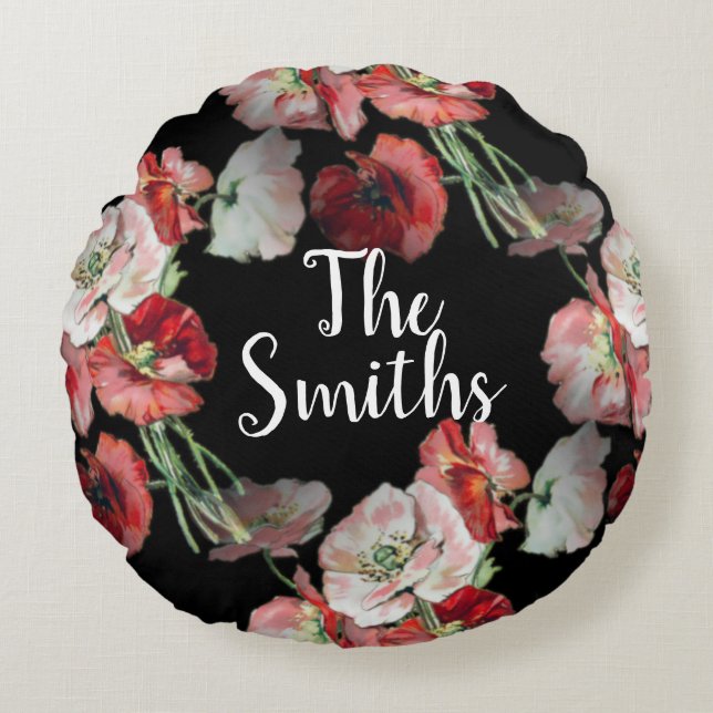 Pink & Red Poppies Pattern Aangepast Rond Kussen (Voorkant)
