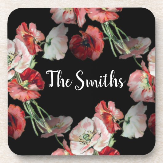 Pink & Red Poppies Pattern Custom Bier Onderzetter (Voorkant)