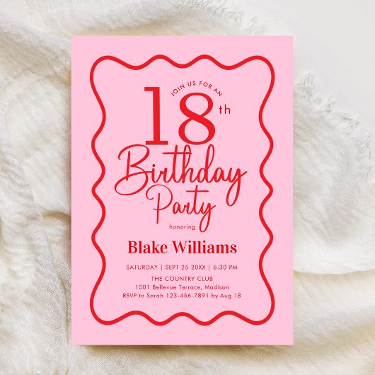 Pink Red Retro 18th Birthday Wavy Border Kaart