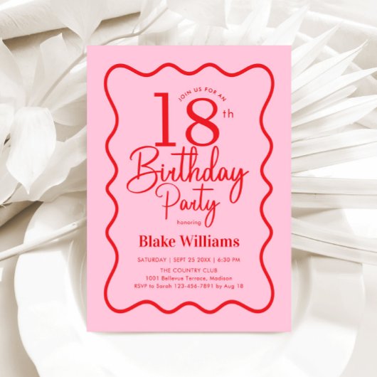 Pink Red Retro 18th Birthday Wavy Border Kaart