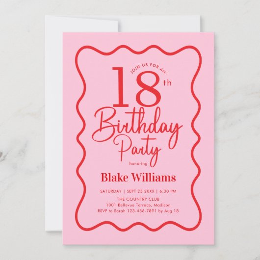 Pink Red Retro 18th Birthday Wavy Border Kaart (Voorkant)