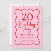 Pink Red Retro 20th Birthday Wavy Border Kaart (Voorkant)