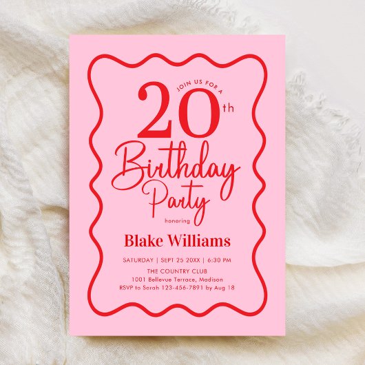Pink Red Retro 20th Birthday Wavy Border Kaart