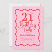 Pink Red Retro 21st Birthday Wavy Border Kaart (Voorkant)