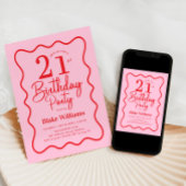 Pink Red Retro 21st Birthday Wavy Border Kaart