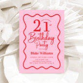 Pink Red Retro 21st Birthday Wavy Border Kaart