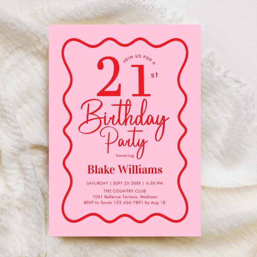 Pink Red Retro 21st Birthday Wavy Border Kaart