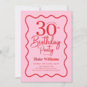 Pink Red Retro 30th Birthday Wavy Border Kaart (Voorkant)