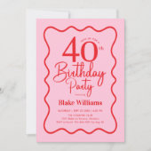 Pink Red Retro 40th Birthday Wavy Border Kaart (Voorkant)