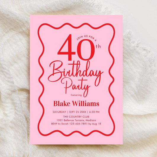 Pink Red Retro 40th Birthday Wavy Border Kaart