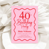 Pink Red Retro 40th Birthday Wavy Border Kaart