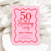 Pink Red Retro 50th Birthday Wavy Border Kaart