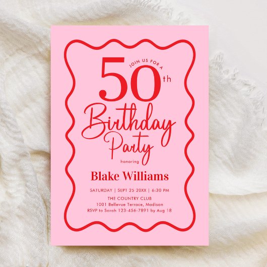 Pink Red Retro 50th Birthday Wavy Border Kaart