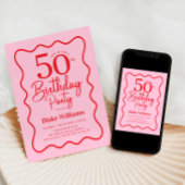 Pink Red Retro 50th Birthday Wavy Border Kaart
