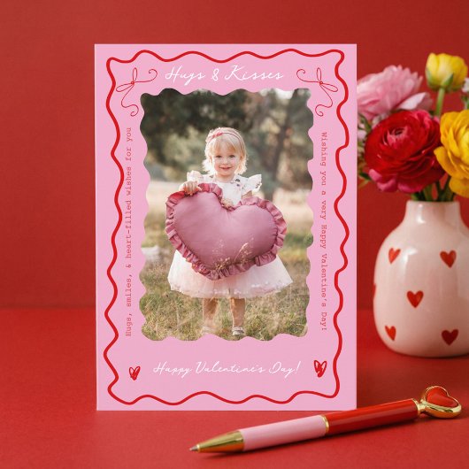 Pink Red Retro Wavy Scribble Child Photo Valentine Feestdagen Kaart