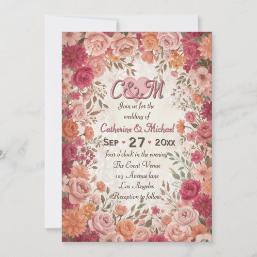 Pink & Red Romantic Rose Spring Floral Wedding Kaart (Voorkant)