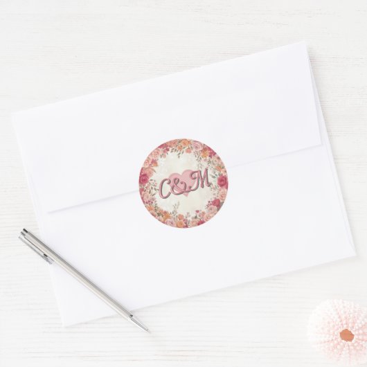 Pink & Red Romantic Spring Floral Monogram Wedding Ronde Sticker (Envelop)
