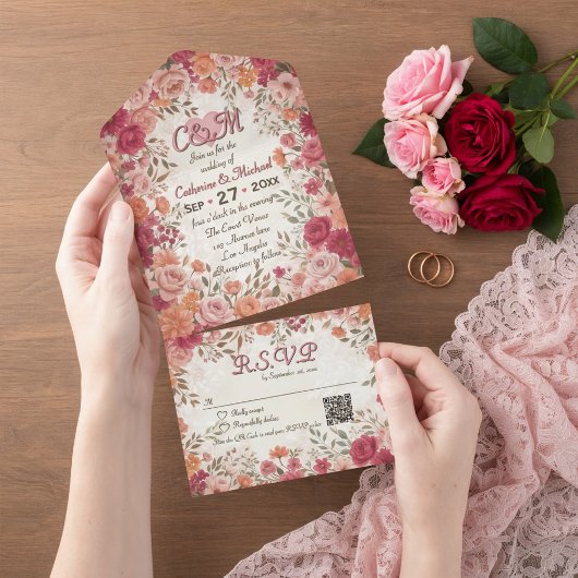Pink & Red Romantic Spring Floral QR Code Wedding All In One Uitnodiging