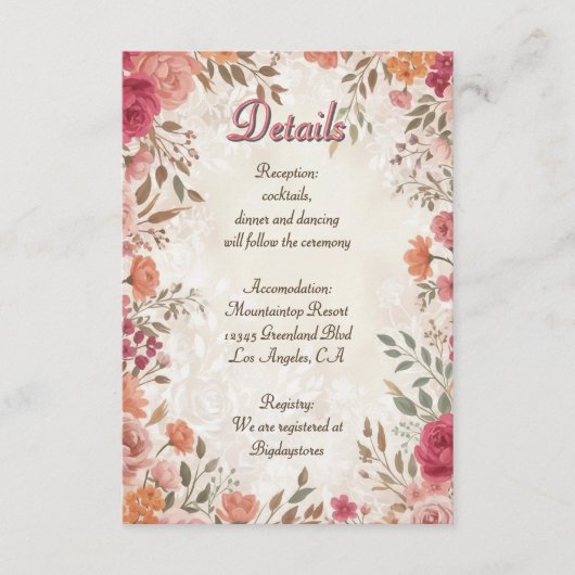 Pink & Red Romantic Spring Floral QR Code Wedding Informatiekaartje (Voorkant)