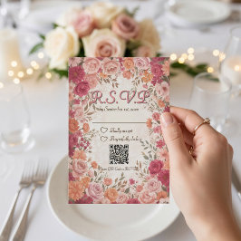 Pink & Red Romantic Spring Floral QR Code Wedding RSVP Kaartje