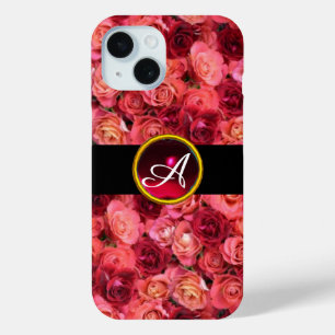 PINK RED ROSE FIELD, RED RUBY GEMSTONE MONOGRAM iPhone 15 CASE