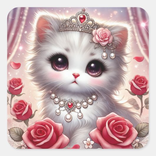 Pink Red Rose Princess Cat Vierkante Sticker (Voorkant)