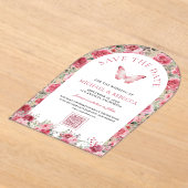 Pink Red Roses Butterfly Wedding Save the Date Acryl Uitnodigingen (Laagn)