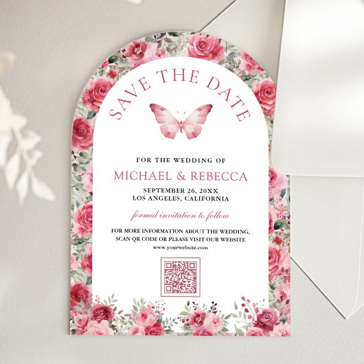 Pink Red Roses Butterfly Wedding Save the Date Acryl Uitnodigingen