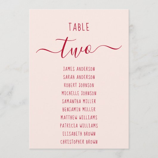 Pink & Red Script Simple Modern Seating Chart Card (Voorkant)