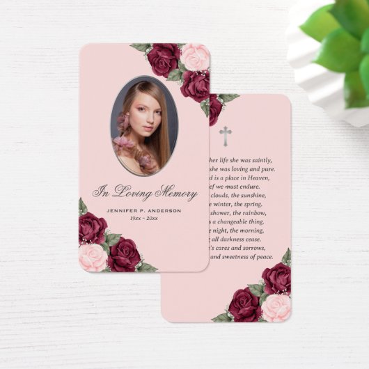 Pink Red Silver Floral Memorial Funeral Kaart (Bureau)