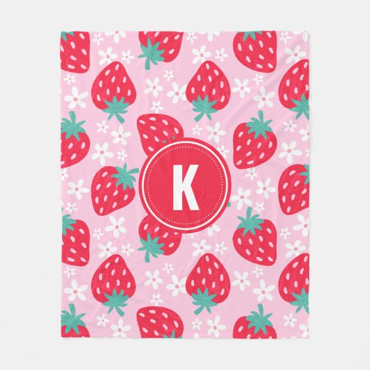 Pink Red Strawberries Floral  Pattern Monogram Fleece Deken (Voorkant)