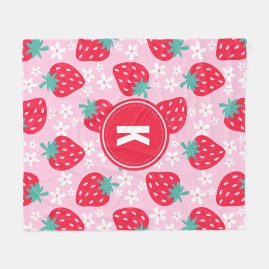 Pink Red Strawberries Floral  Pattern Monogram Fleece Deken (Voorkant (Horizontaal))